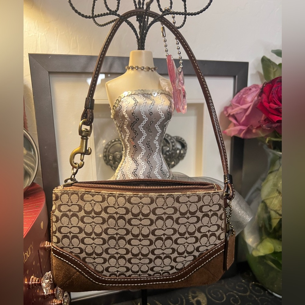 Coach Brown and Tan Suede and Canvas Signature Micro Cs Wristlet